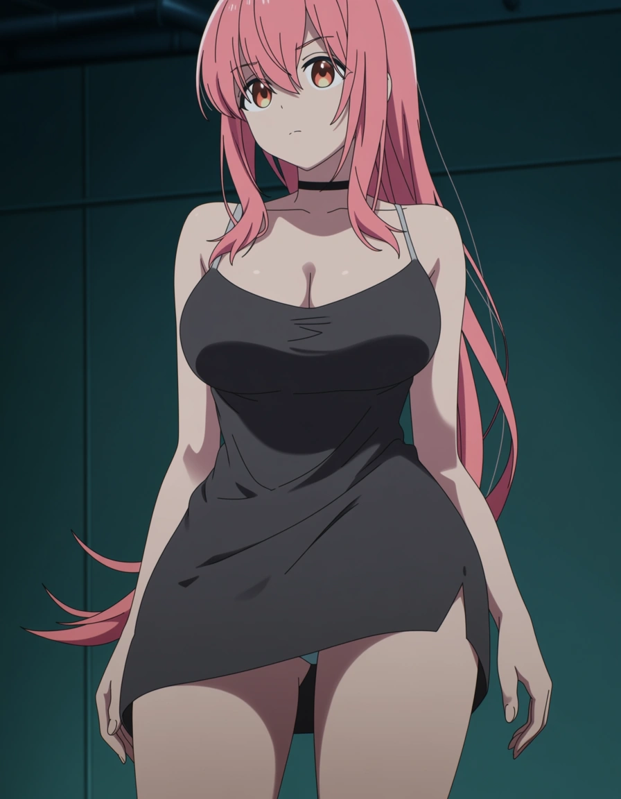 Faça a personagem Ryo Yamada de Bocchi the rock, deitada com um sutiã de renda preto, (anime style:1.3), 2d, anime screencap, cel shading, flat color