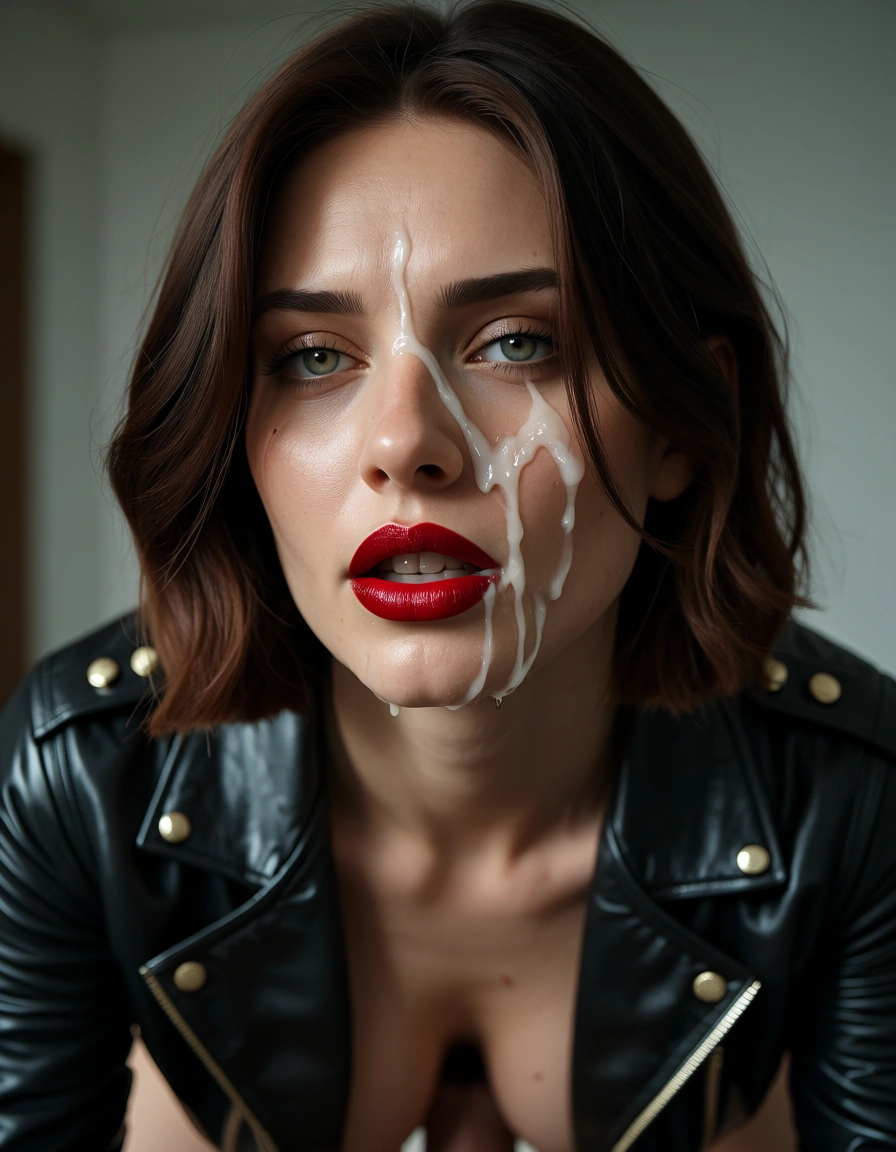 highly detailed, natural lighting, milf, parted bangs, jacket, anal sex, cool tones, cinematic realism, red lipstick, cum on face, score_9, score_8, candid photo, realistic skin texture, visible skin pores, film grain, depth of field