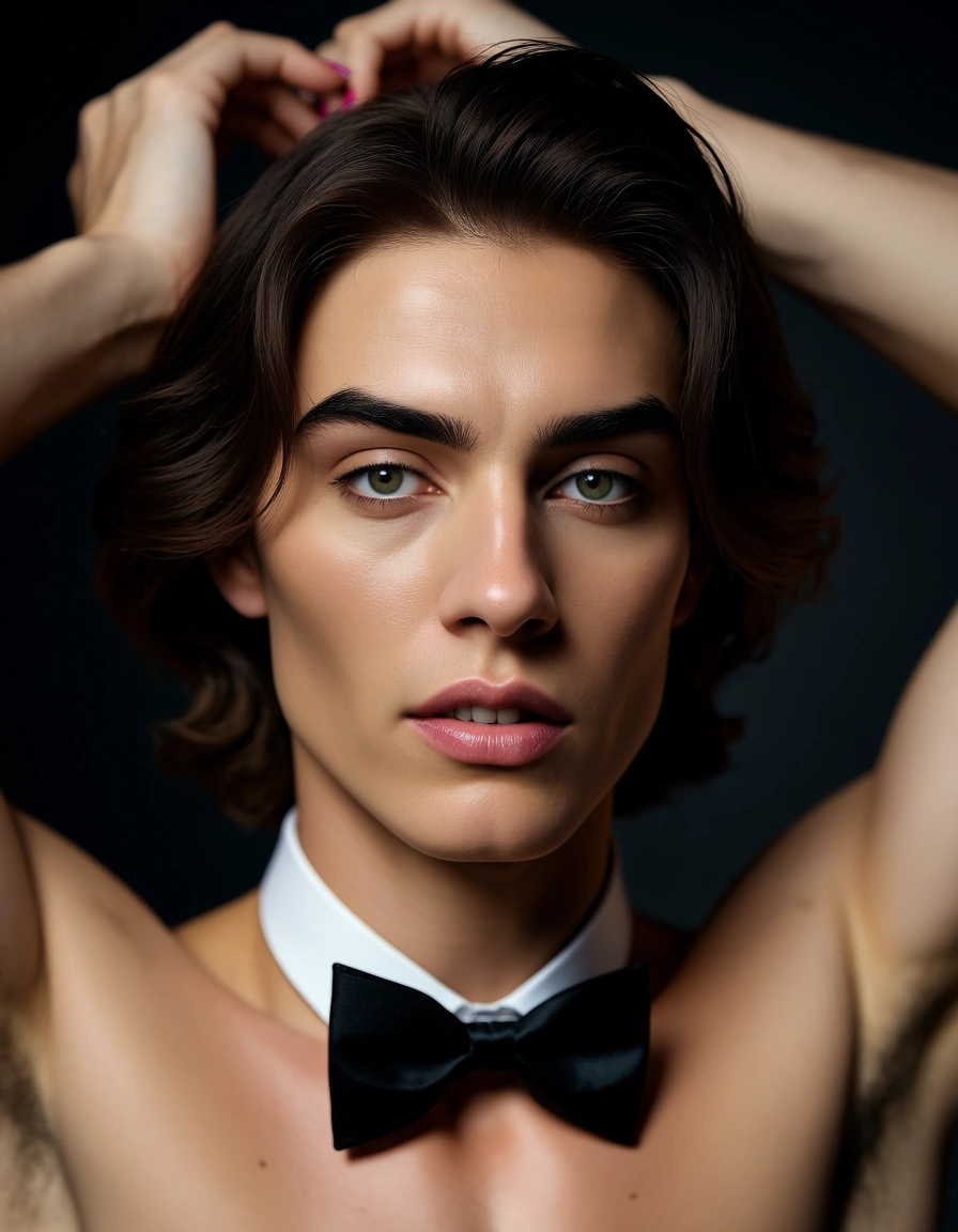 sharp focus, 8k uhd, male focus, nail polish, bowtie, arms up, futanari, close-up, studio photo, score_9, score_8, candid photo, realistic skin texture, visible skin pores, film grain, depth of field