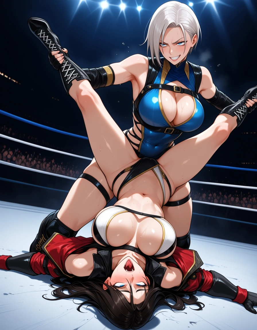 2girls , jill_valentine_(resident_evil), amazoness_(dragon's_crown), wrestling, ahegao, strapon , defeated, missionary, hentai_studio_quality