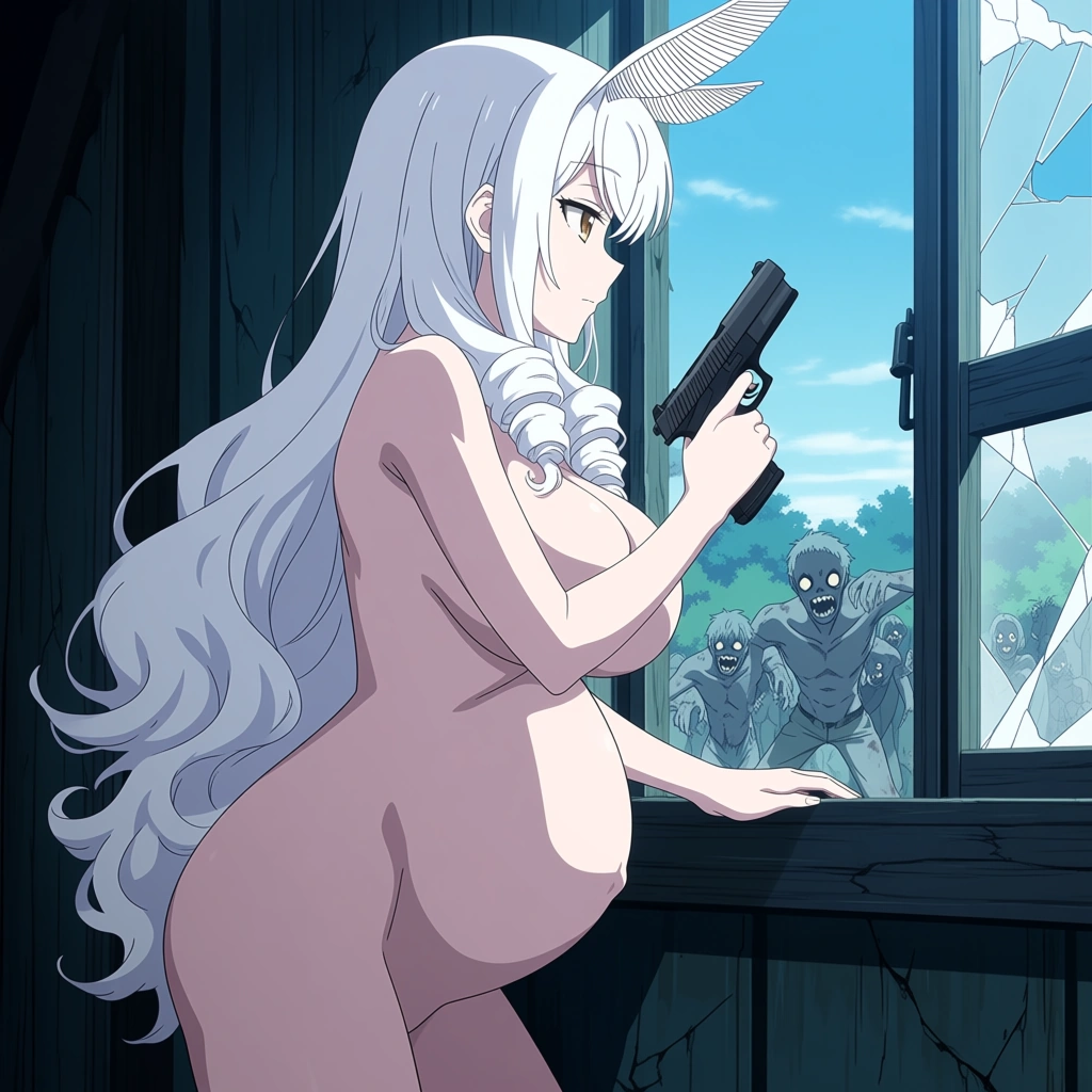 anime girl,  white long curly hair, light brown eyes, white moth wings on back,  white moth antennae on head,  naked, pregnant 9 months belly, holding handgun,  in wrecked house next to broken window, looking outside and see background zombies