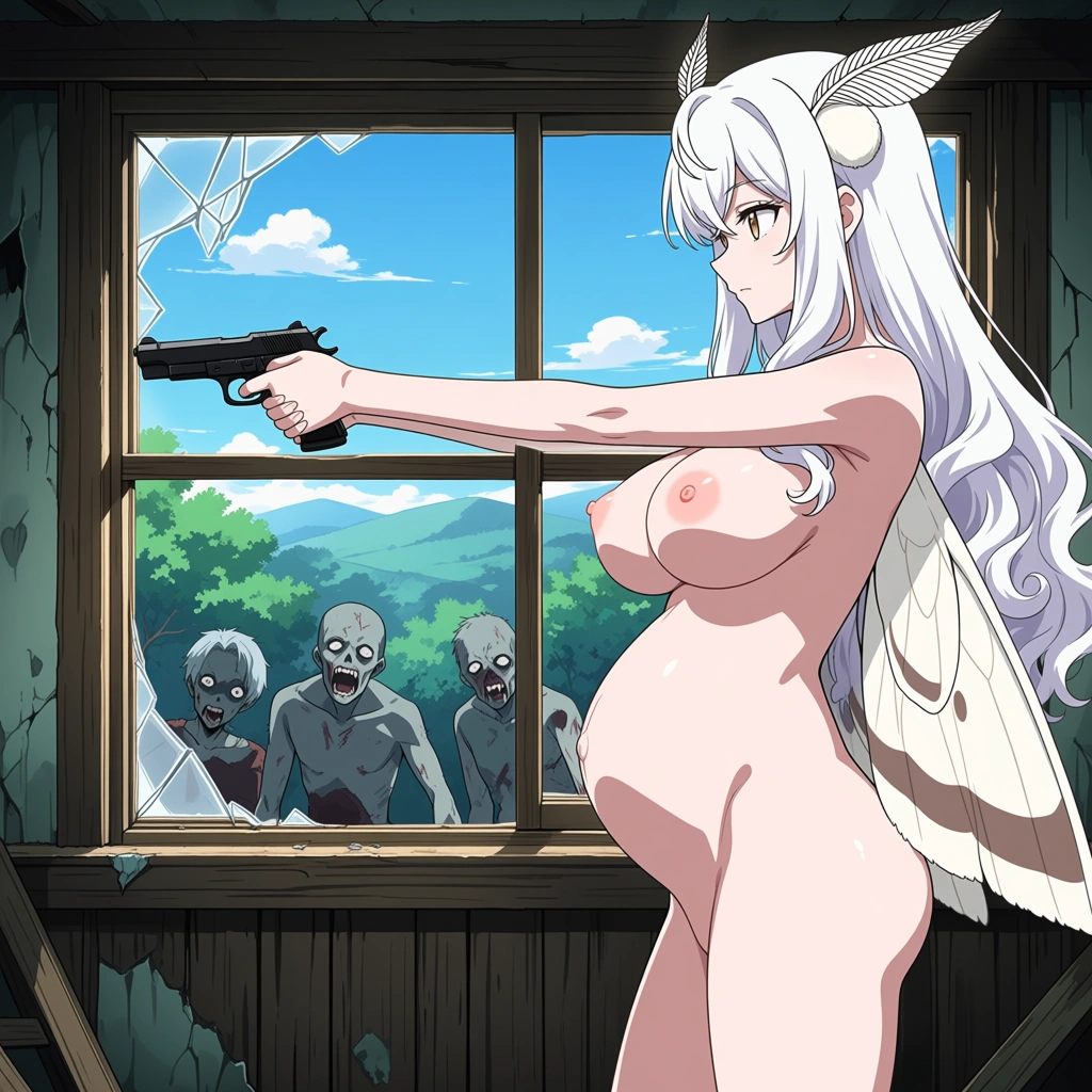 anime girl,  white long curly hair, light brown eyes, white moth wings on back,  white moth antennae on head,  naked, pregnant 9 months belly, holding handgun,  in wrecked house second floor next to broken window, looking outside and see background zombies below