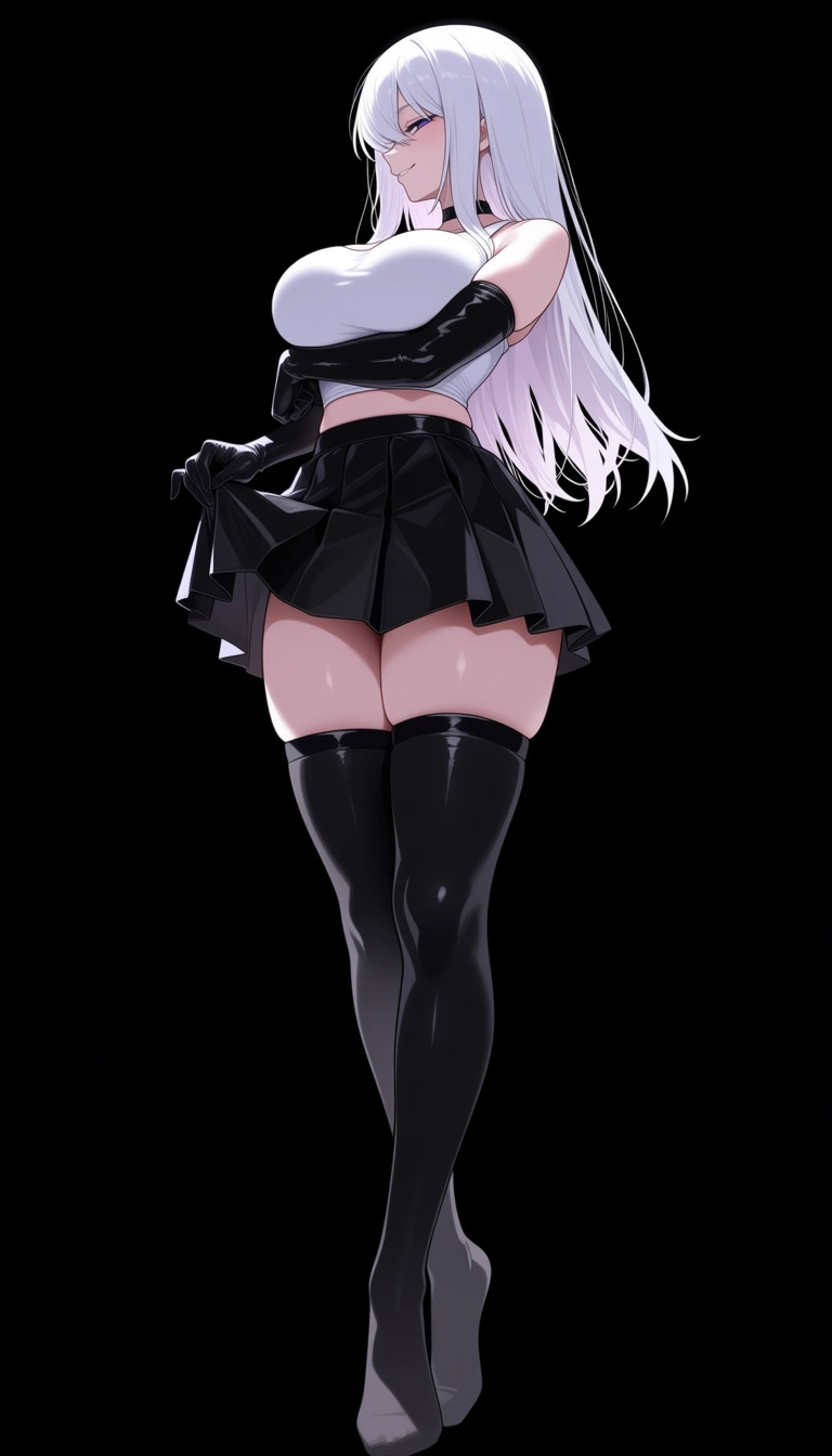 masterpiece, profile , white hair, standing, pretty body, full_body, long_hair, doujin style, gothic girl, tank top , crop top, pleated skirt, skirt black, thighhighs , large_breasts , long hair, smile, sleeveless top, cute half-closed_eyes, seductive_smile, long gloves,solo girl, front view, chocker, hentai_studio_quality, from_below, skirt_lift , hentai_studio_quality, hentai_studio_quality, seiza , ritual, kneeling, crossed_arms, hentai_studio_quality