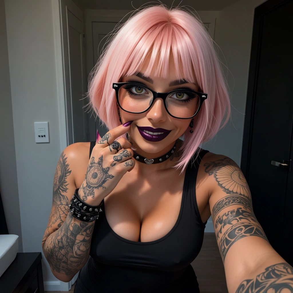 hot tan skin busty emo woman with short light pink hair with bangs and lots of tattoos on her arms and hands and lots of piercings and glasses with black emo goth makeup and dark pink lipstick with and green brown eyes in a hot black outfit standing with her arm up towards you like she's taking a ammature selfie with a bright light shining on her face in the morning looking cute smiling, score_9, score_8, amateur photo, phone snapshot, realistic skin texture, skin blemishes, soft indoor lighting