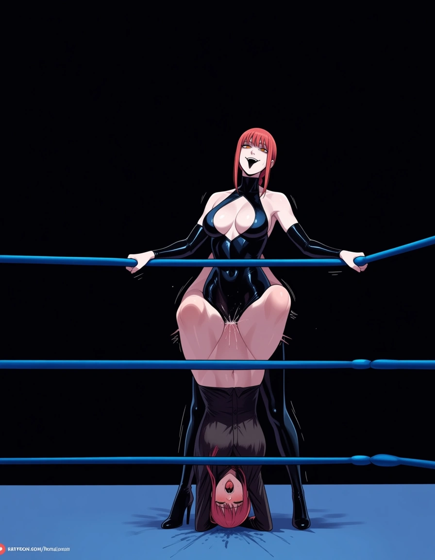 2girls_focus , maleficent evil_grin, @makima_(chainsaw_man) , wrestling , wrestling_ring , strapon , yuri , sex , domination  , ahegao , orgasm, hentai_studio_quality, hentai_studio_quality