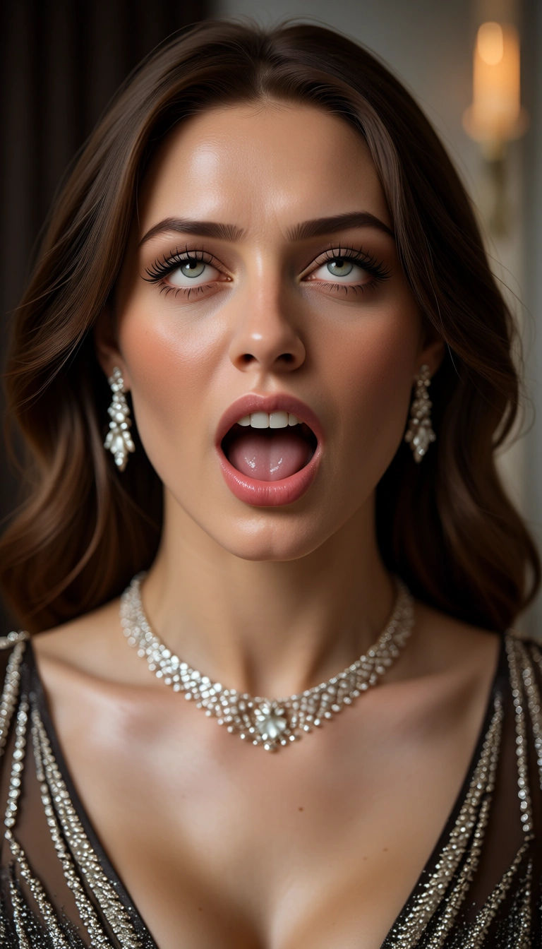 sharp focus, 8k uhd, solo, brown hair, evening gown, ahegao, studio photo_(object)