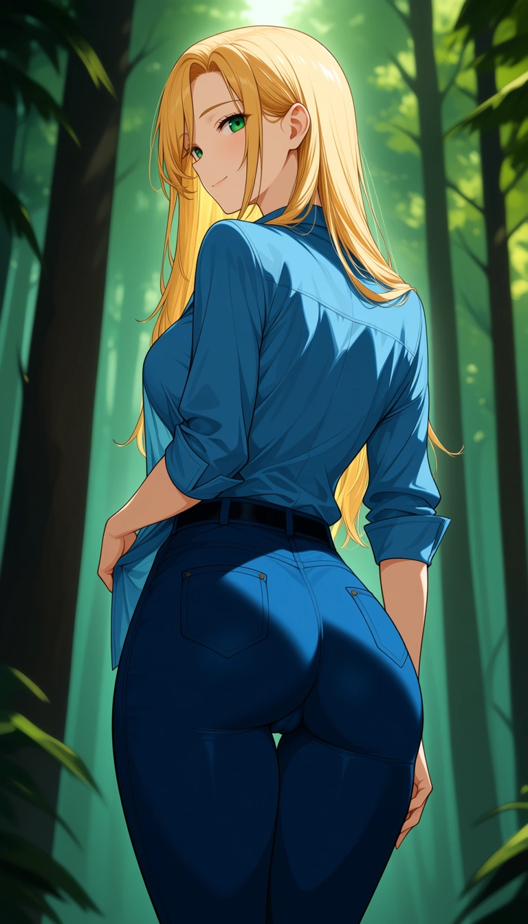 3. no bad drawing. single frame, professional art, shirt visible, Masterpiece, natural perky medium  ass,  natural perky medium breasts, , look at viewer,1 girl, forest background,  With Long blonde hair, blue and green eyes, from behind, standING, legs together, blue pants, blue unbuttoned shirt, cameltoe, soft smile ... single continuous shot, full widescreen view, one single image, uninterrupted scene, no borders, no panels, wide angle cinematic photograph, single perspective, edge-to-edge frame., hentai_studio_quality, hentai_studio_quality