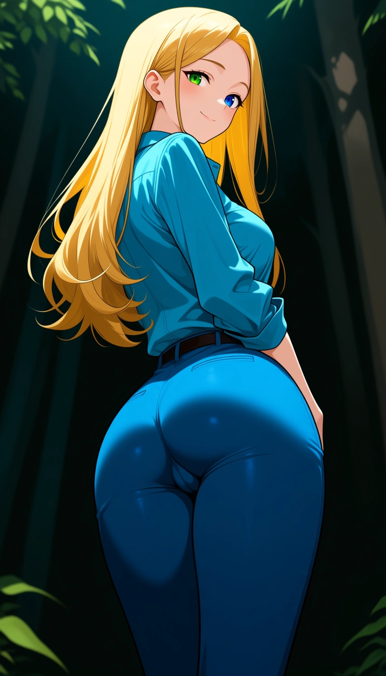 3. no bad drawing. single frame, professional , heterochromia, art, shirt visible, Masterpiece, natural perky medium  ass,  natural perky medium breasts, , look at viewer,1 girl, forest background,  With Long blonde hair, blue and green eyes, from behind, standING, legs together, blue pants, blue unbuttoned shirt, cameltoe, soft smile ... single continuous shot, full widescreen view, one single image, uninterrupted scene, no borders, no panels, wide angle cinematic photograph, single perspective, edge-to-edge frame., hentai_studio_quality, hentai_studio_quality, hentai_studio_quality, hentai_studio_quality, hentai_studio_quality, hentai_studio_quality
