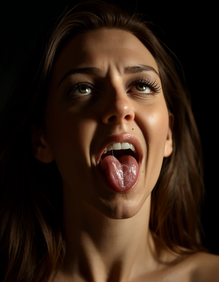 RAW photo, ultra realistic, solo, brown hair, food, ahegao, dramatic lighting, hyperrealistic, score_9, score_8, candid photo, realistic skin texture, visible skin pores, film grain, depth of field