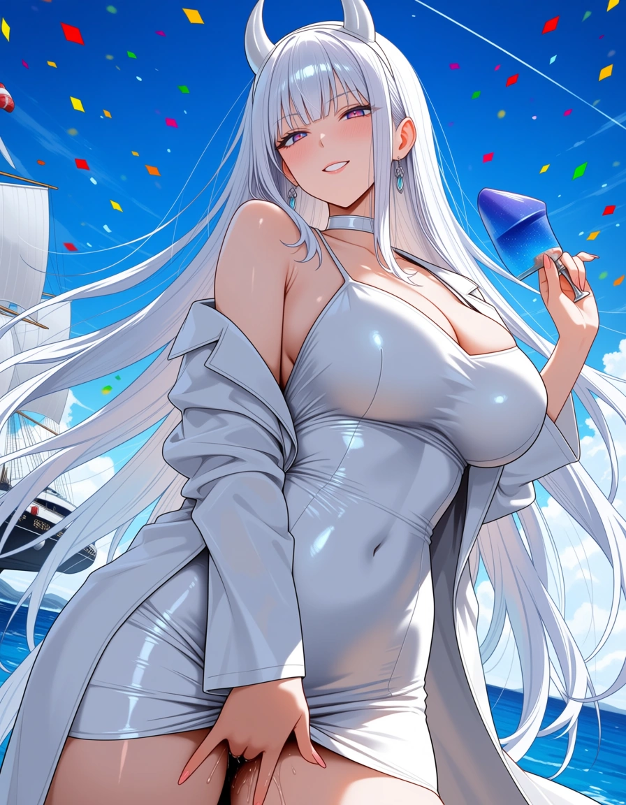 professional photo, high detail, solo, mspaintadventures, white_background, white_hair, white_dress, fake_horns, lab_coat, confetti, watercraft, fingering, @makise_kurisu, hentai_studio_quality