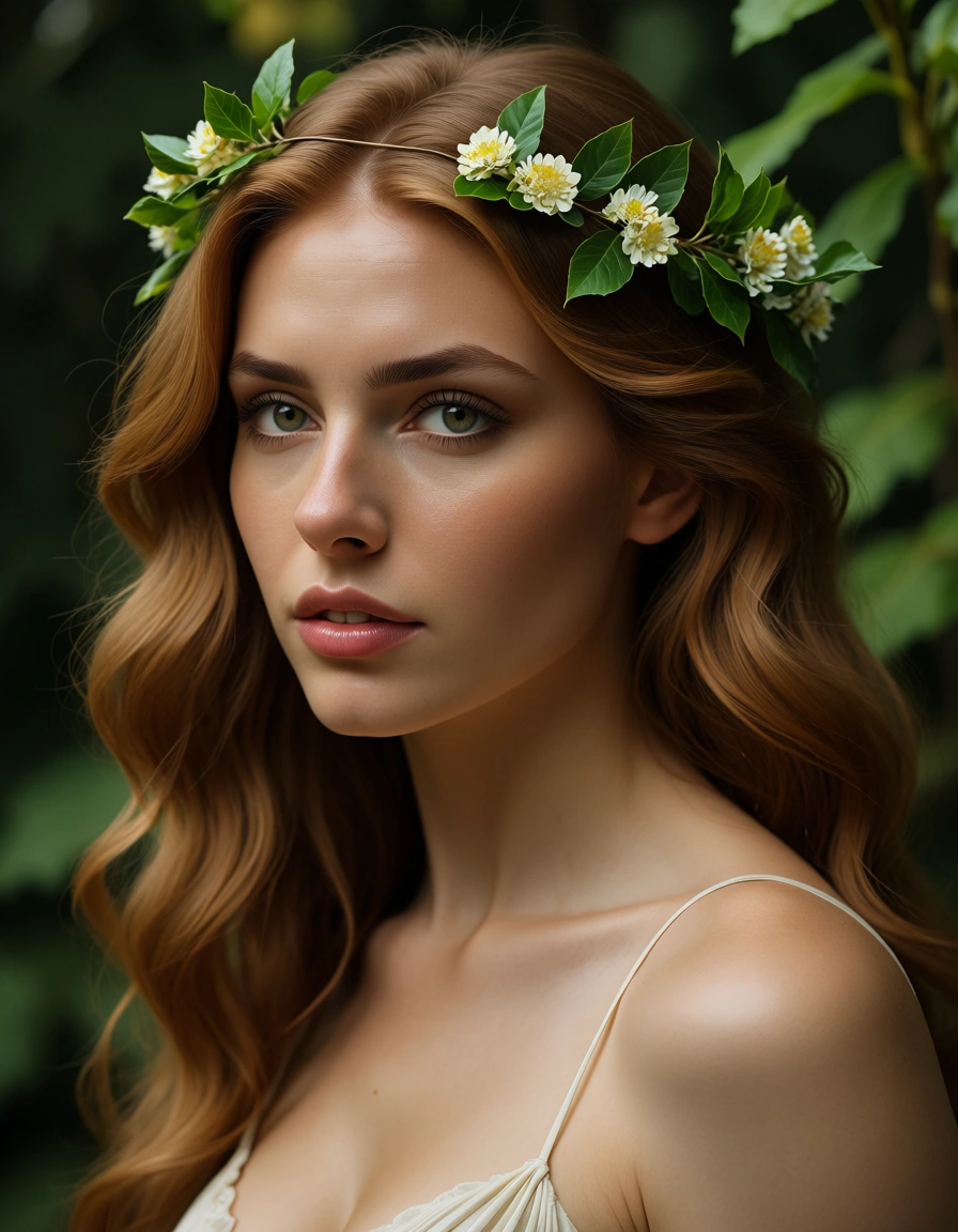 dslr, film grain, photorealistic, portrait, princess, creampie, bare arms, leaf, lifelike render, score_9, score_8, candid photo, realistic skin texture, visible skin pores, film grain, depth of field