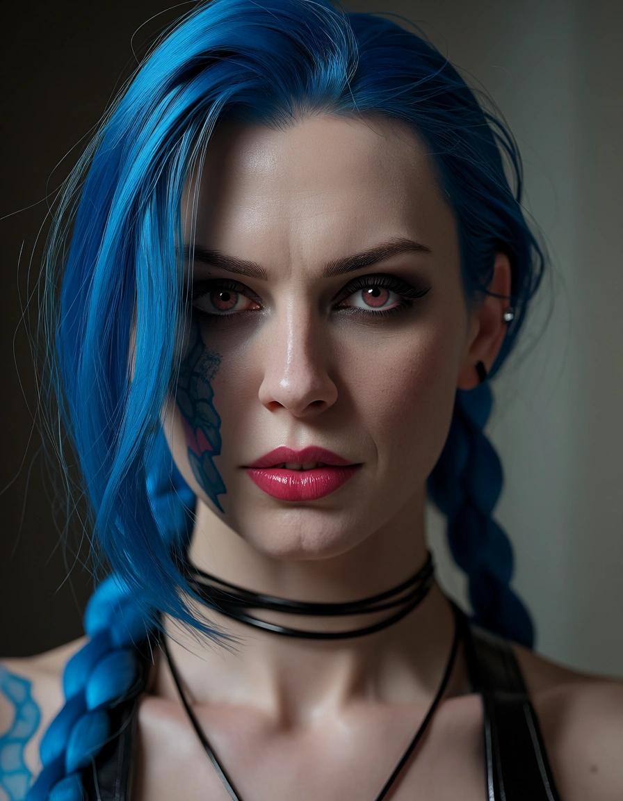Jinx riding cock, score_9, score_8, candid photo, realistic skin texture, visible skin pores, film grain, depth of field