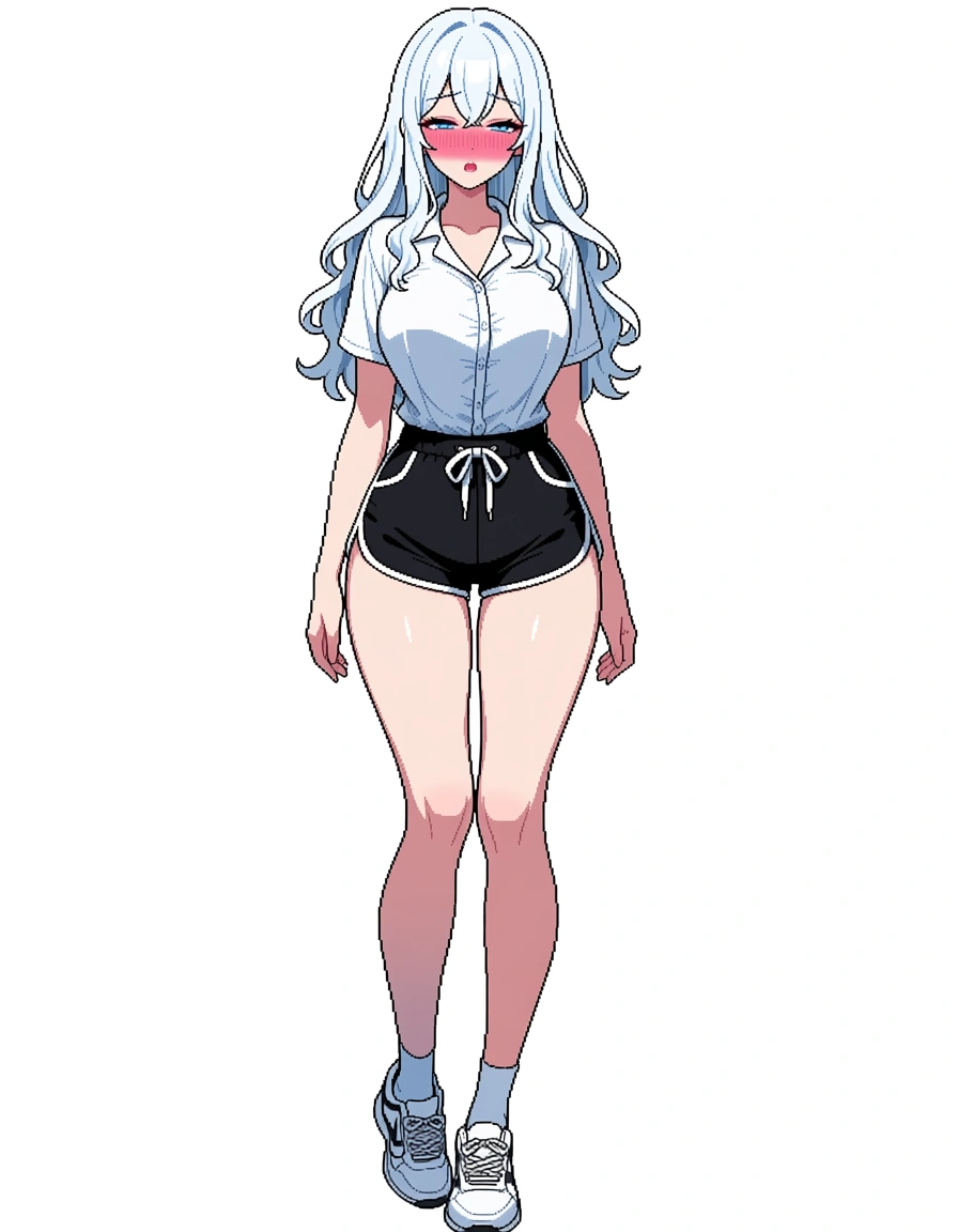 pixel art, high quality 32-bit style, clean pixels, full body sprite, front view, no background, transparent background, consistent character design, beautiful young woman, long wavy white hair, detailed pretty face, light blue eyes, fair skin, slim sexy figure, wearing a tight white button-up shirt and short black dolphin shorts, white socks and sneakers, heavily flushed cheeks, half-lidded eyes, aroused expression, hentai_studio_quality