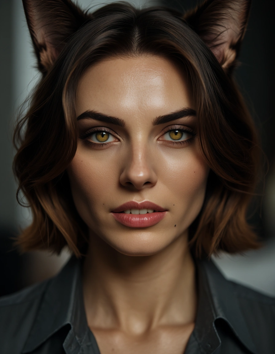 RAW photo, ultra realistic, catgirl, collared shirt, futanari, cinematic realism, score_9, score_8, candid photo, realistic skin texture, visible skin pores, film grain, depth of field
