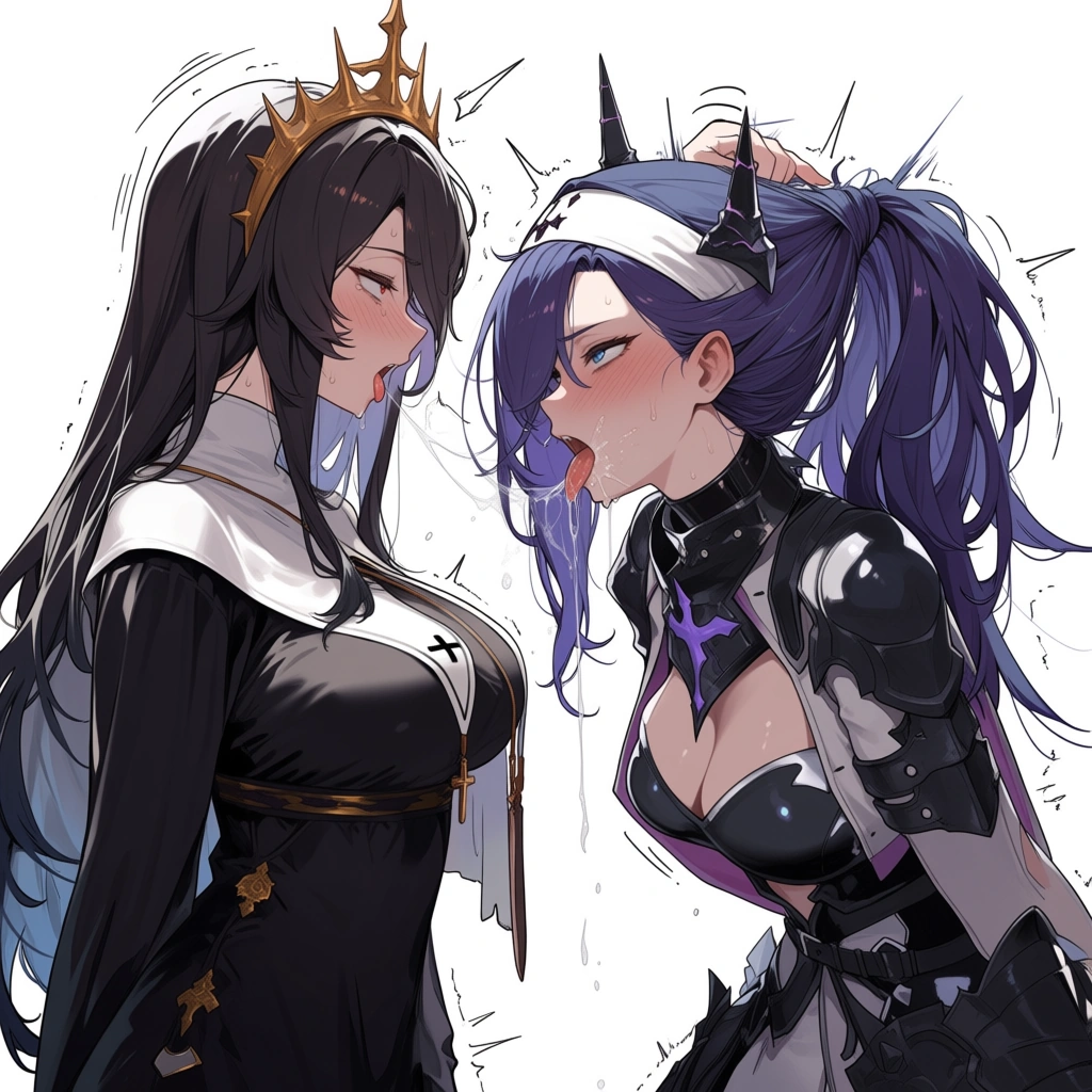 masterpiece, best quality, soft cel shading,  fantasy nun woman, eye contact,(deepthroat_blowjob:1.5), fellatio , head bobbing, expressive, (lactation:0.5),  saliva splatter, (comic:1.2), gagging, slurping tongue movement, grabbing_another's_hair, (face_fucking:1.8), (crossed_eyed_teary-eyed:1.5), (surprised:1.6), (angry:1.6), hentai studio quality,