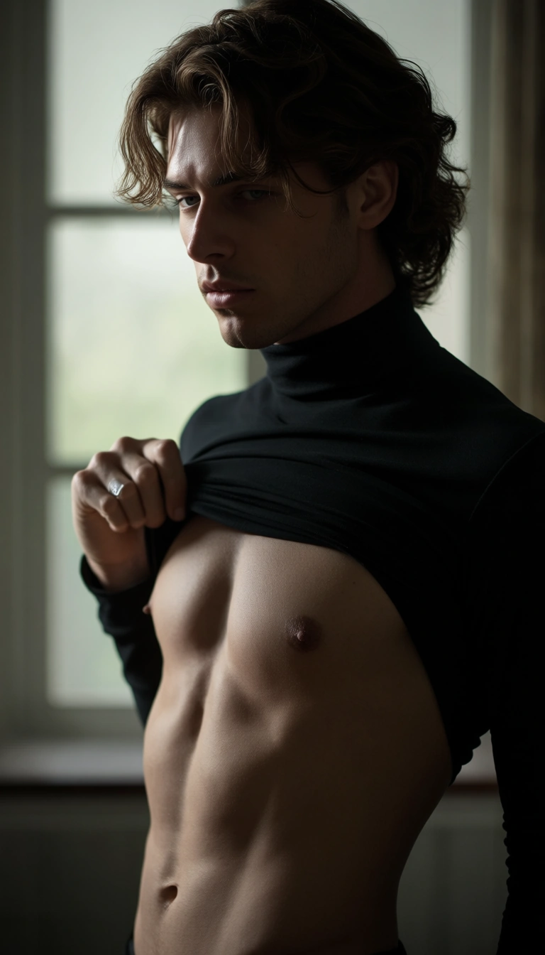 professional photo, high detail, 1boy, long sleeves, stripping, window light, film photography