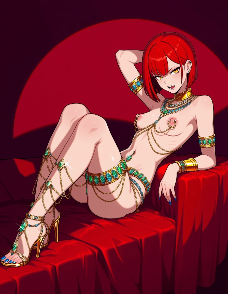 masterpicece, best quality, very detailed, beautiful, sharp, solo, red_hair, short_hair, petite, medium_breasts, open_mouth, seductive lying pose, lots of jewelry sparkling, jewel buttplug, many body chains, foot chain, braclets, necklace, nipple_piercing, navel_piercing, high_heels, hentai_studio_quality