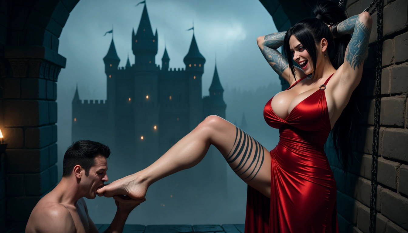 busty athletic woman huge breasts red evening dress hands behind head stand with one legs apart bound in chains to wall, small weak man kneeling kissing foot, long black hair fringe hairstyle high ponytail almond red eyes evil laugh big blue shoulder tattoos blue arm and forearm tattoos black stripes with daggers on thigh, fog dark castle