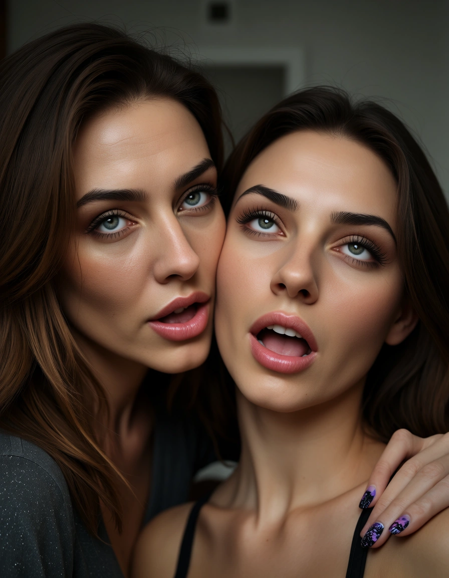 RAW photo, ultra realistic, couple, nail polish, shirt, bedroom eyes, ahegao, depth of field, portrait, soft lighting, natural skin texture, score_9, score_8, candid photo, realistic skin texture, visible skin pores, film grain, depth of field