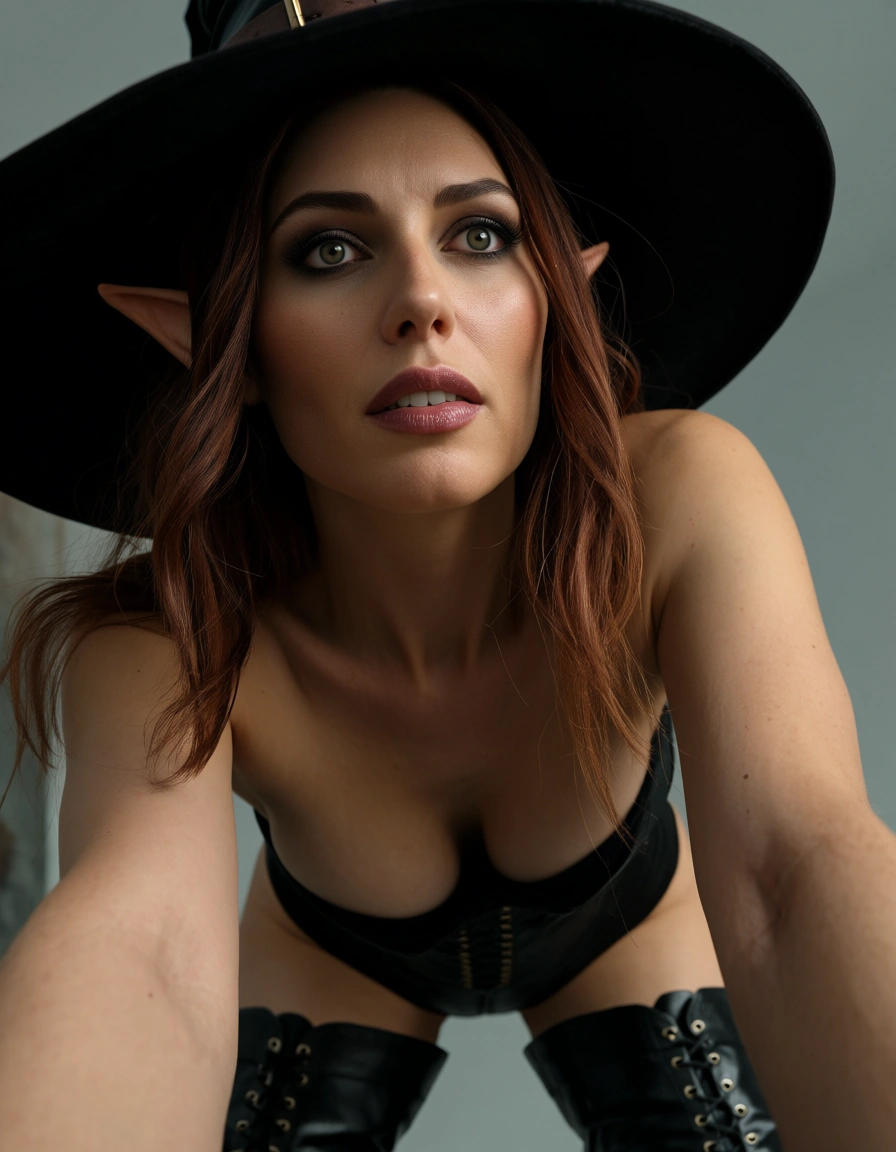 RAW photo, ultra realistic, witch, pointy ears, boots, on all fours, from below, lifelike render, score_9, score_8, candid photo, realistic skin texture, visible skin pores, film grain, depth of field