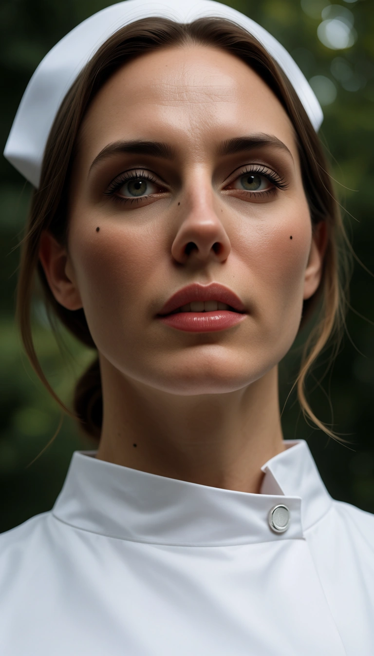 8k, sharp focus, detailed skin, from below, nurse, bondage, mole, outdoors, photorealistic