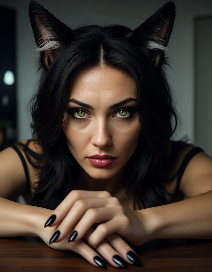 studio quality, sharp focus, catgirl, creampie, nail polish, table, mysterious vibe, studio photo, score_9, score_8, candid photo, realistic skin texture, visible skin pores, film grain, depth of field