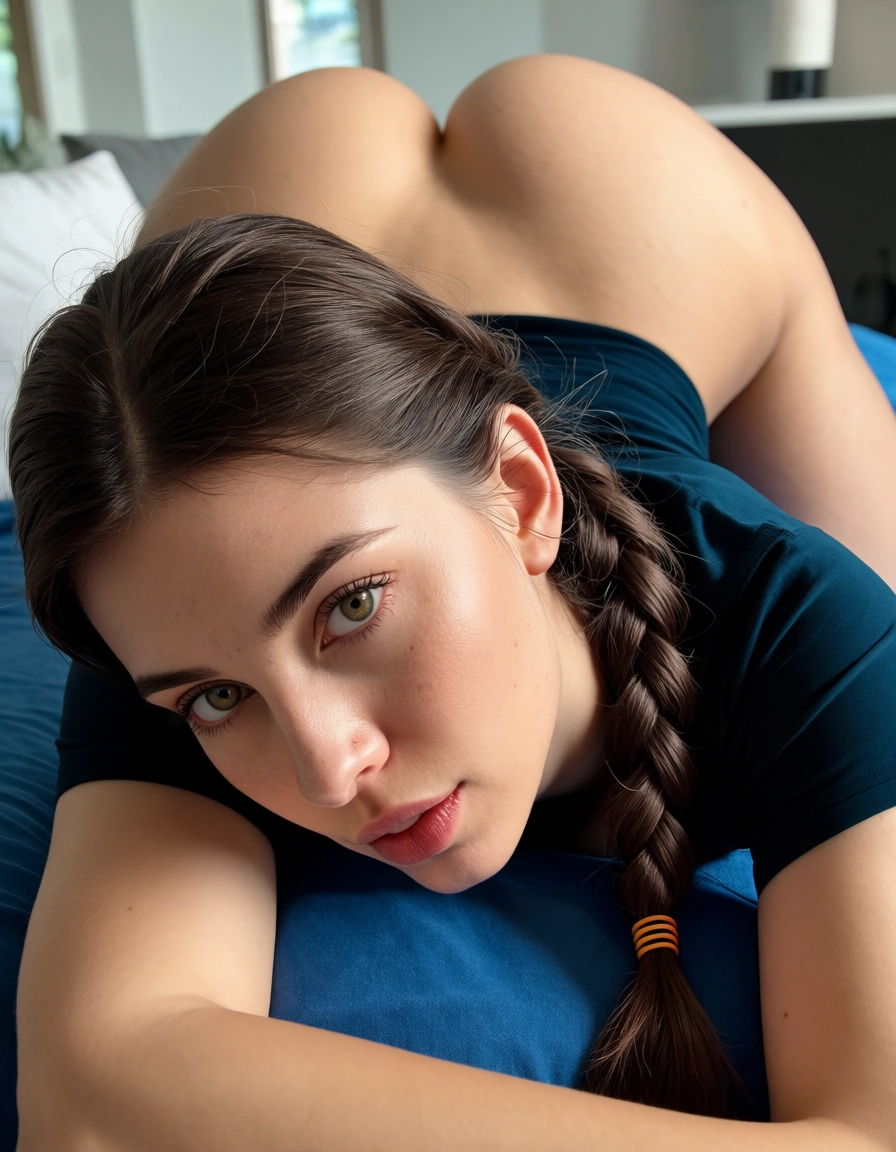 score_9, score_8, @2025, @candid photo, (amateur photography:1.2), (realistic skin texture:1.4), visible skin pores, skin blemishes, goosebumps, natural skin, soft natural lighting, (depth of field), film grain, best quality, hyperrealistic, brunette woman, single braid, short sleeves, 69 position, neon glow, natural skin texture