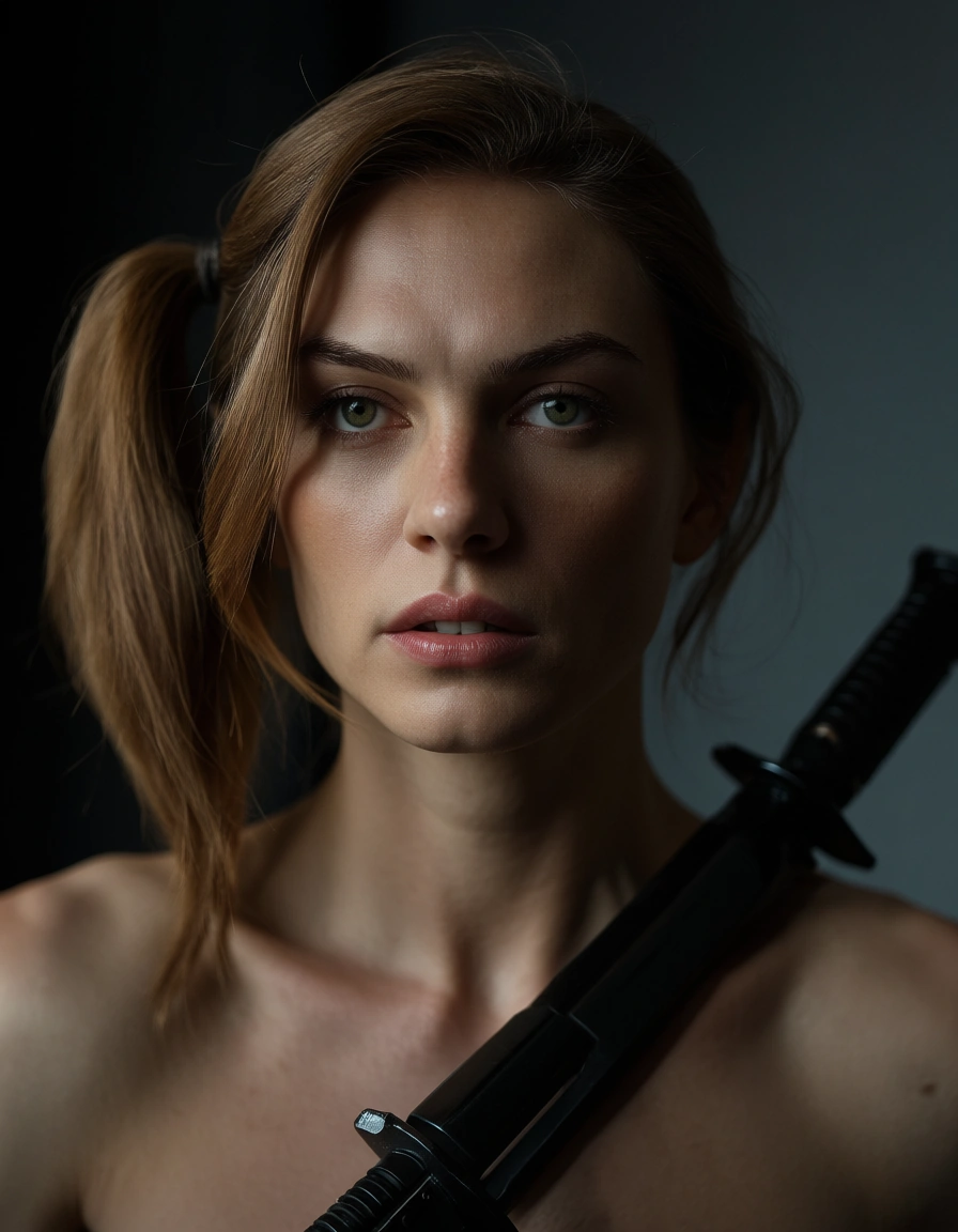 ultra HD, lifelike, 1other, side ponytail, weapon, bondage, backlit, film photography, score_9, score_8, candid photo, realistic skin texture, visible skin pores, film grain, depth of field