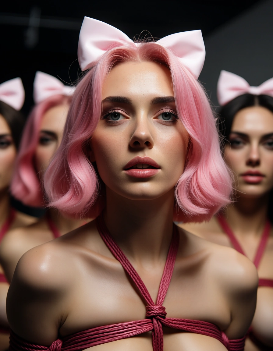 dslr, film grain, photorealistic, 5women, pink hair, bow, bondage, hyperrealistic, score_9, score_8, candid photo, realistic skin texture, visible skin pores, film grain, depth of field