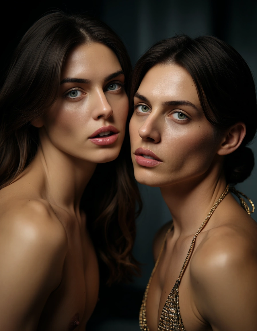 studio quality, sharp focus, 2boys, parted bangs, bikini, fully nude, hyperrealistic, score_9, score_8, candid photo, realistic skin texture, visible skin pores, film grain, depth of field