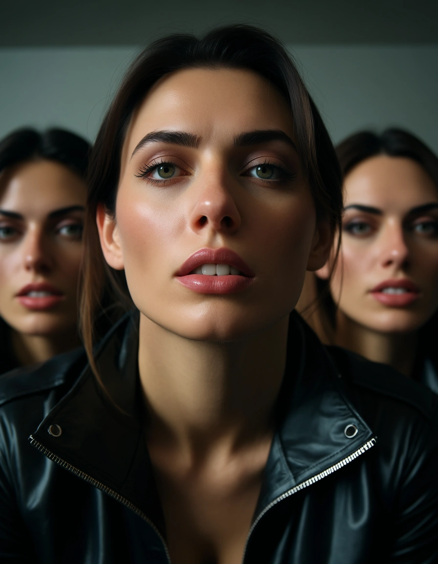 highly detailed, natural lighting, 4women, jacket, bondage, rim light, photorealistic, score_9, score_8, candid photo, realistic skin texture, visible skin pores, film grain, depth of field