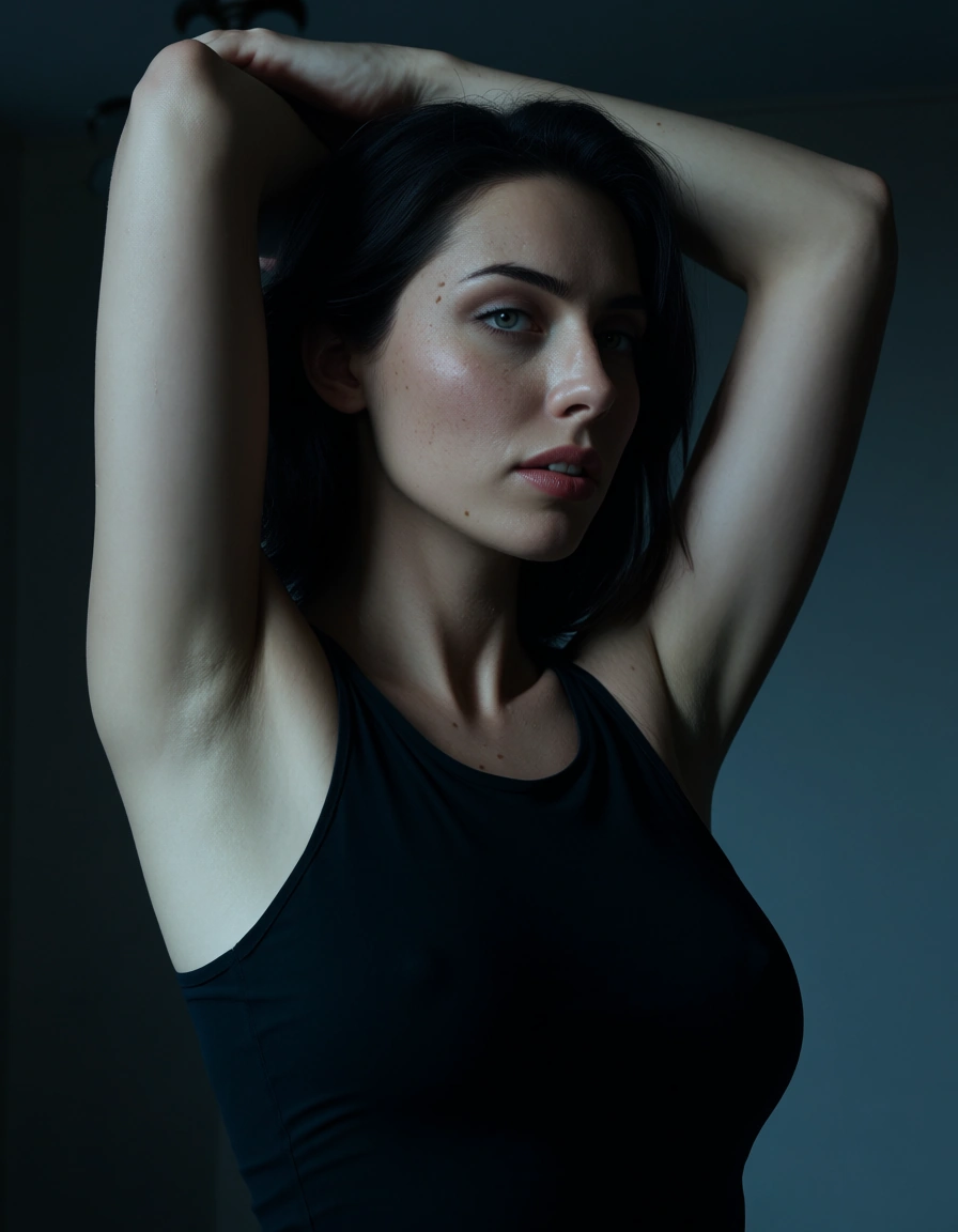 ultra HD, lifelike, 1woman, arms up, sleeveless, creampie, moonlight, RAW photo, score_9, score_8, amateur photo, phone snapshot, realistic skin texture, skin blemishes, soft indoor lighting
