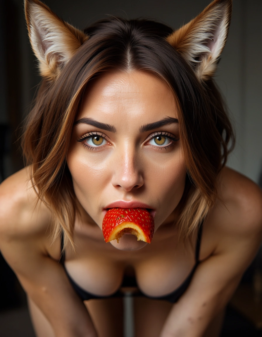 best quality, hyperrealistic, catgirl, horse ears, food, bent over, extreme close-up, natural skin texture, score_9, score_8, candid photo, realistic skin texture, visible skin pores, film grain, depth of field