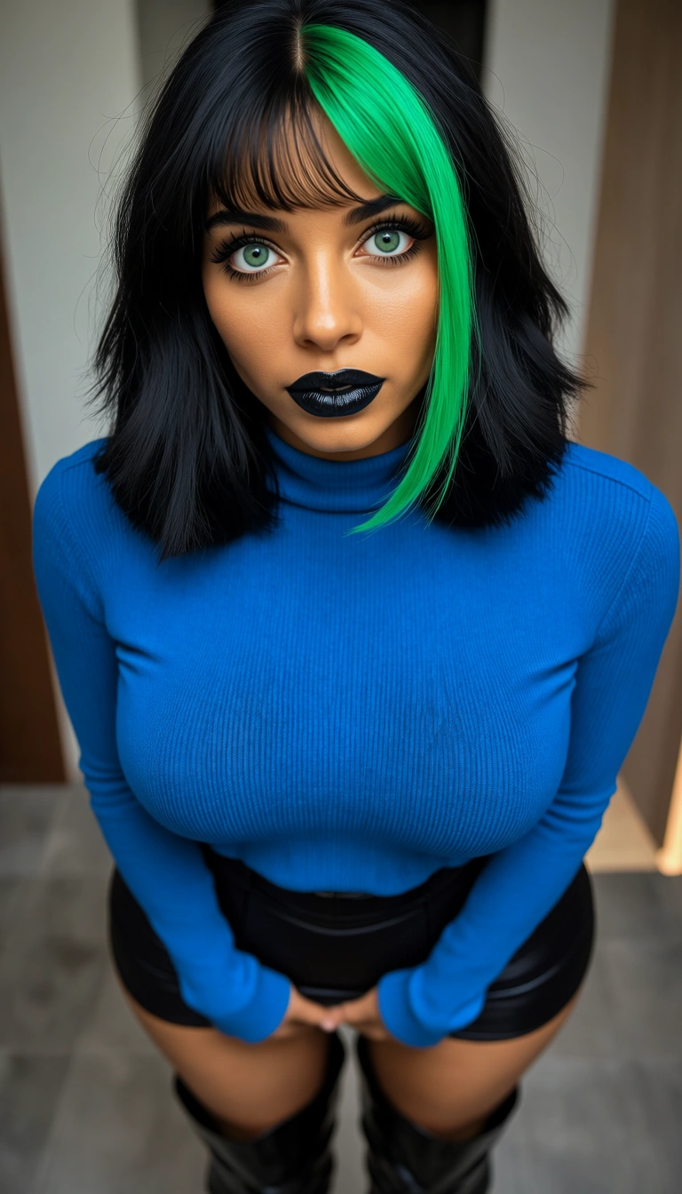 The One Female, She has light brown skin and Big Green eyes. she has Black Soft Bangs and one green strand of hair, Black lipstick, She tall and curvy proportion, [masturbating,] And Her outfit is. Blue Long sleeve sweater. Short skirt. Black long boots.