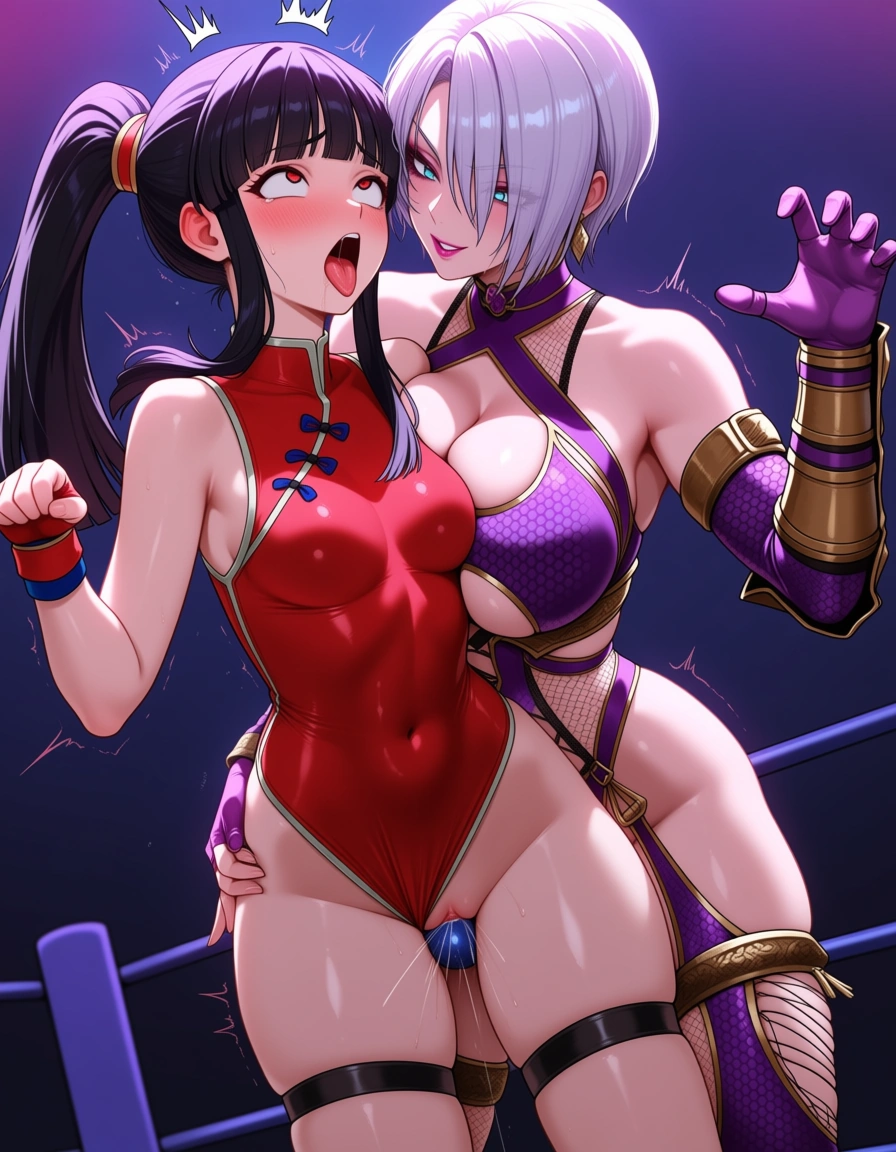 @isabella_valentine_(soul_calibur) , @chi-chi_(dragon_ball) , yuri , wrestling, strapon, surprised , ahegao , vaginal_object_insertion, hentai_studio_quality
