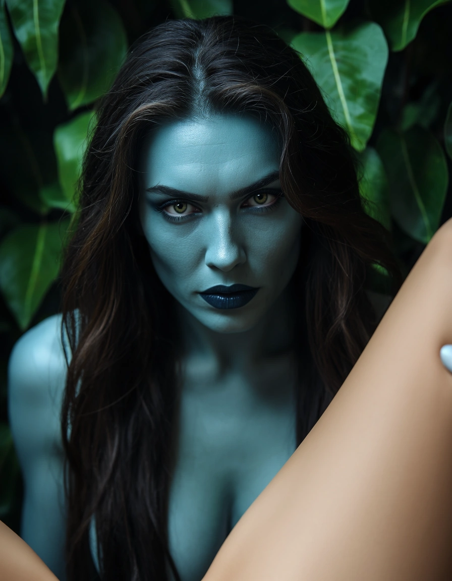 sharp focus, 8k uhd, 2girls, leg up, colored skin, leaf, dominant stare, film photography, score_9, score_8, candid photo, realistic skin texture, visible skin pores, film grain, depth of field