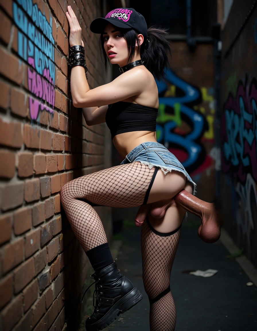 Femboy male sissy, goth, ball cap, denim_shorts unzipped, tube_top, fishnets, kneesocks, anklet, choker, large_penis, testicles, full_body, ponytail messy, anal, anal sex, sex_from_behind, hands on wall, against_wall, alleyway, brick_wall , graffiti, hyper realistic, score_9, score_8, candid photo, realistic skin texture, visible skin pores, film grain, depth of field