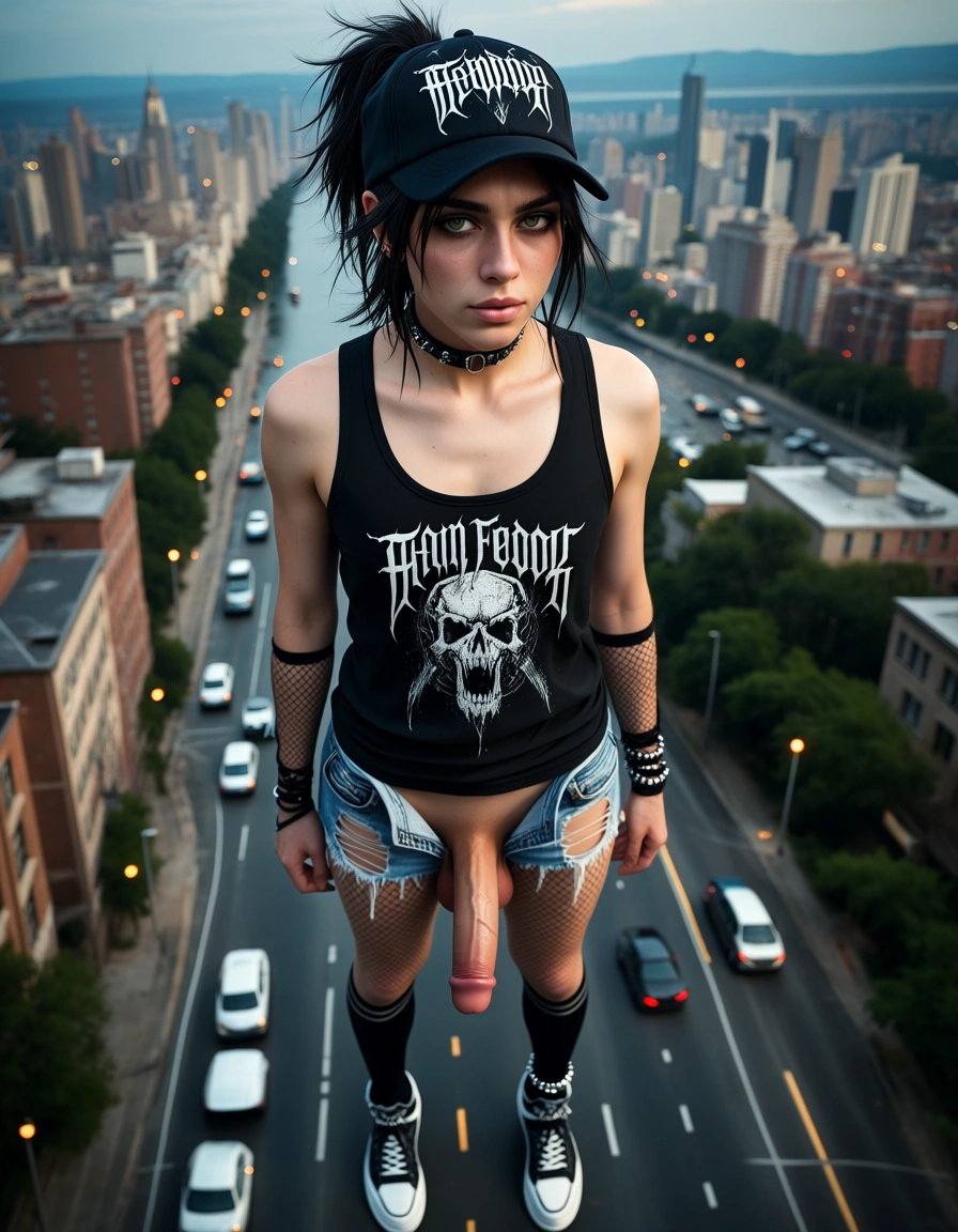 Giant Femboy male gay sissy, goth, ball cap, denim_shorts, tank_top, ripped clothes,  fishnets, kneesocks, anklet, choker, large_penis erection, testicles, full_body, ponytail messy, from above, destroyed city, cityscape,, score_9, score_8, candid photo, realistic skin texture, visible skin pores, film grain, depth of field