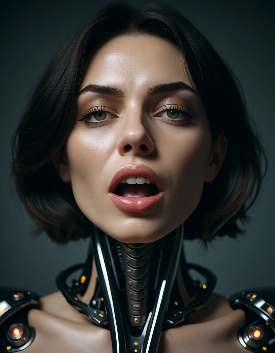 mech stand,tentacle fuck mech, score_9, score_8, candid photo, realistic skin texture, visible skin pores, film grain, depth of field