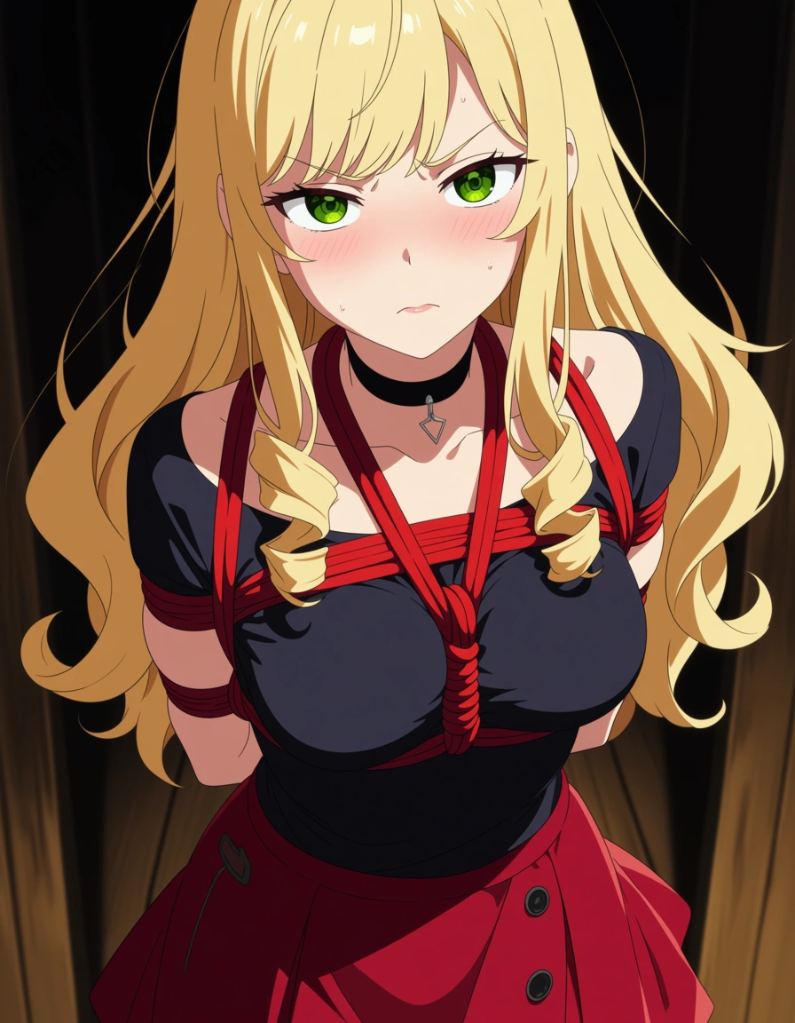 studio quality, sharp focus, 1 girl, lips, choker, shibari, red_skirt, arms_behind_back, green_eyes, curly_hair, blonde_hair, shirt, blush, anger_vein, (anime style:1.3), 2d, anime screencap, cel shading, flat color