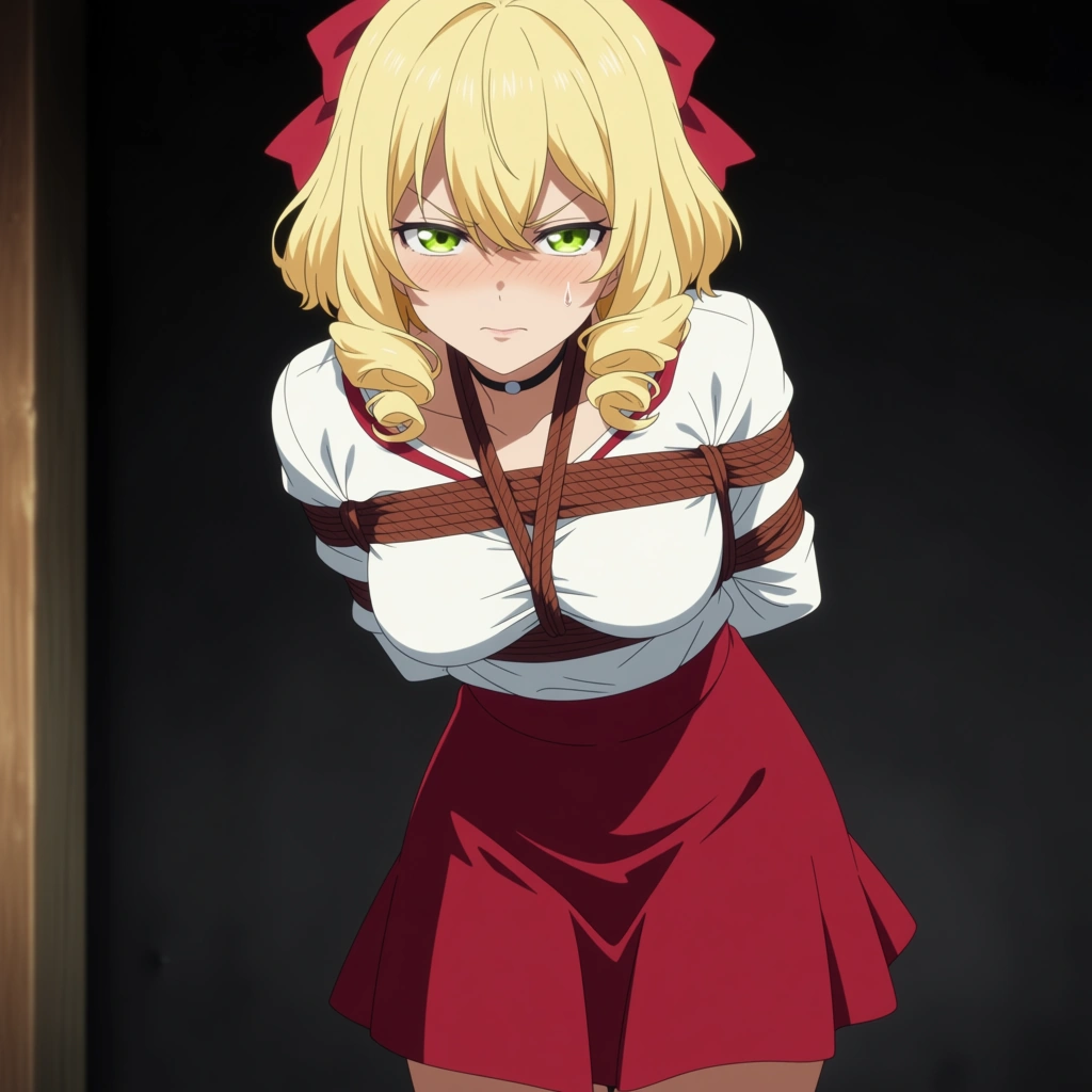 studio quality, sharp focus, lips, choker, shibari, red_skirt, arms_behind_back, green_eyes, curly_hair, blonde_hair, white_shirt, blush, anger_vein, (anime style:1.3), medium_hair, full_body, solo_focus, (anime style:1.3), 2d, anime screencap, cel shading, flat color