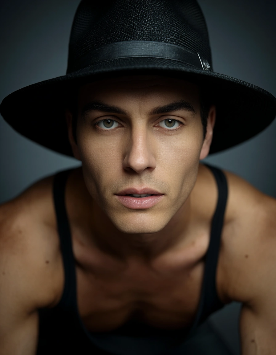 RAW photo, ultra realistic, 1boy, hat, doggy style, dslr quality, score_9, score_8, candid photo, realistic skin texture, visible skin pores, film grain, depth of field