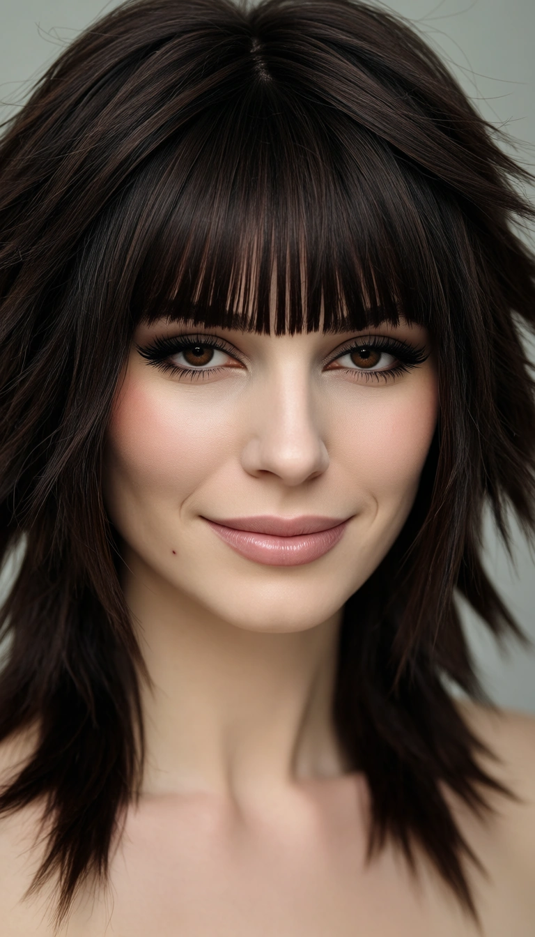 Hair: Dark brown or black hair styled in a shaggy, layered shag or mullet-style cut. It features full, straight-across bangs that cover the forehead down to the eyebrows, with textured, choppy layers framing the sides of the face and resting around the shoulders.
Facial Features & Skin Tone: Fair to light skin tone with soft blush tones on the cheeks. Dark brown eyes with black winged eyeliner along the upper lash line. A subtle, soft smile showing light pink or nude lip color. A tiny beauty mark is visible on the lower left cheek near the jawline. make her get fucke by a tentacle monster