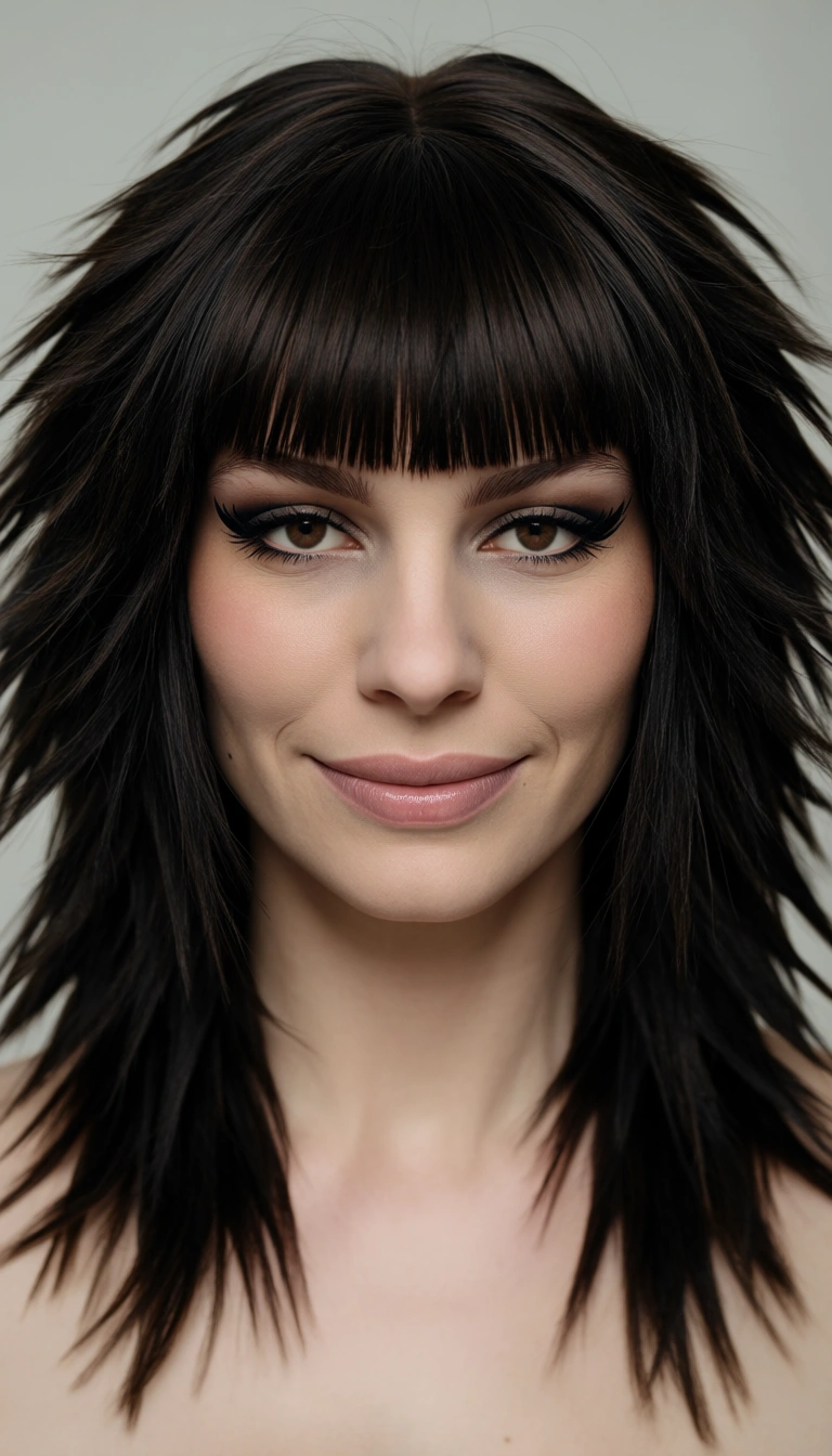 make her get fucke by a tentacle monster Hair: Dark brown or black hair styled in a shaggy, layered shag or mullet-style cut. It features full, straight-across bangs that cover the forehead down to the eyebrows, with textured, choppy layers framing the sides of the face and resting around the shoulders.
Facial Features & Skin Tone: Fair to light skin tone with soft blush tones on the cheeks. Dark brown eyes with black winged eyeliner along the upper lash line. A subtle, soft smile showing light pink or nude lip color. A tiny beauty mark is visible on the lower left cheek near the jawline.