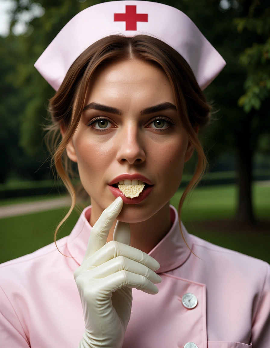 best quality, hyperrealistic, nurse, fingernails, gloves, creampie, tree, lifelike render, score_9, score_8, candid photo, realistic skin texture, visible skin pores, film grain, depth of field