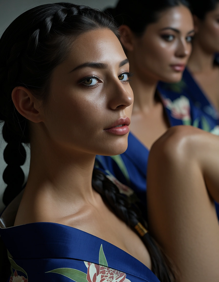 8k, sharp focus, detailed skin, multiple women, braid, japanese clothes, leg up, backlit, natural skin texture, score_9, score_8, candid photo, realistic skin texture, visible skin pores, film grain, depth of field