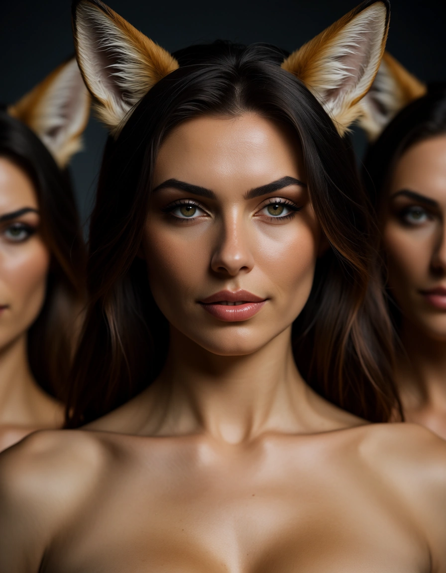 8k, sharp focus, detailed skin, multiple girls, facesitting, animal ears, depth of field, confident gaze, cinematic realism, score_9, score_8, candid photo, realistic skin texture, visible skin pores, film grain, depth of field