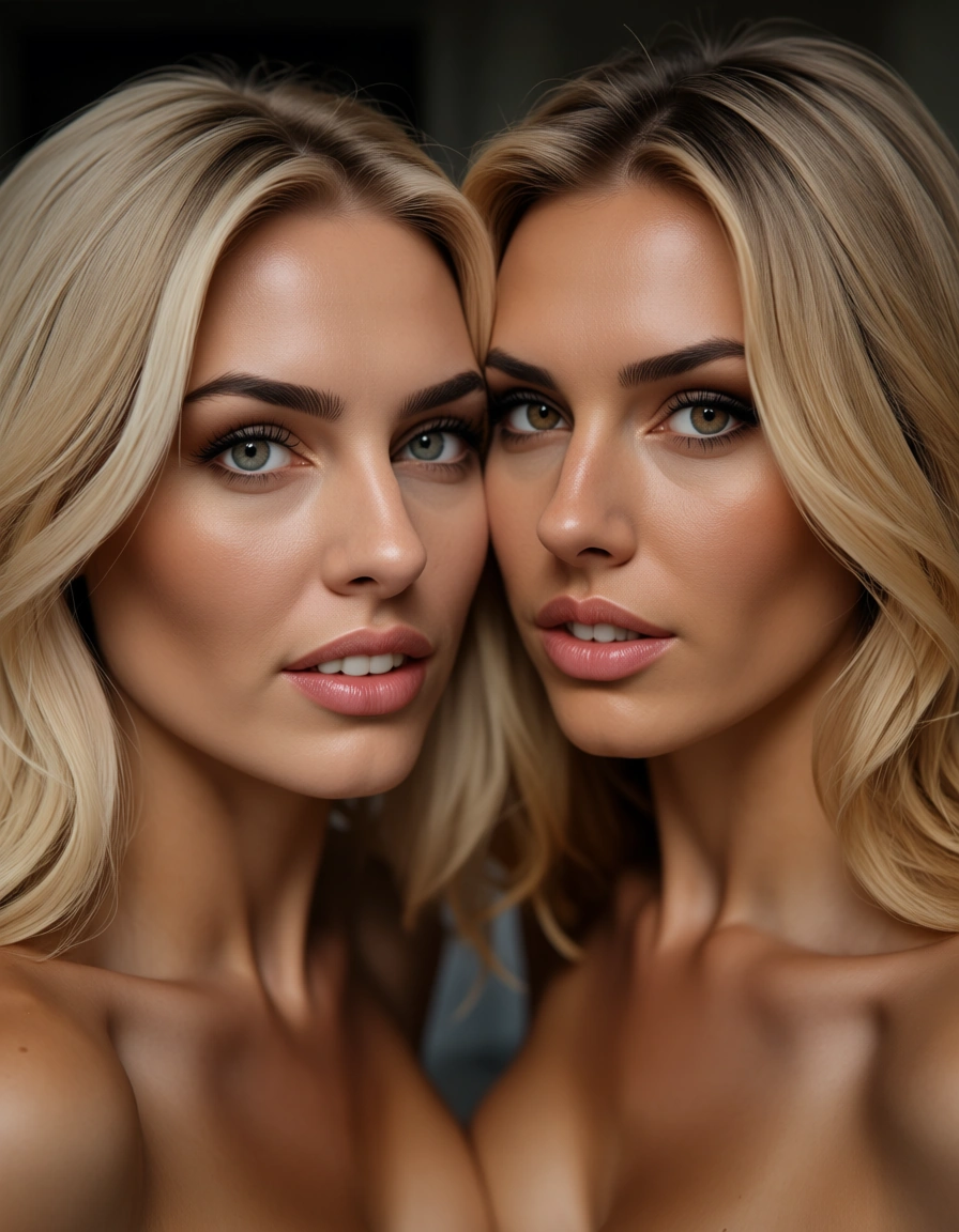 3some with two blonde_hair women., score_9, score_8, candid photo, realistic skin texture, visible skin pores, film grain, depth of field