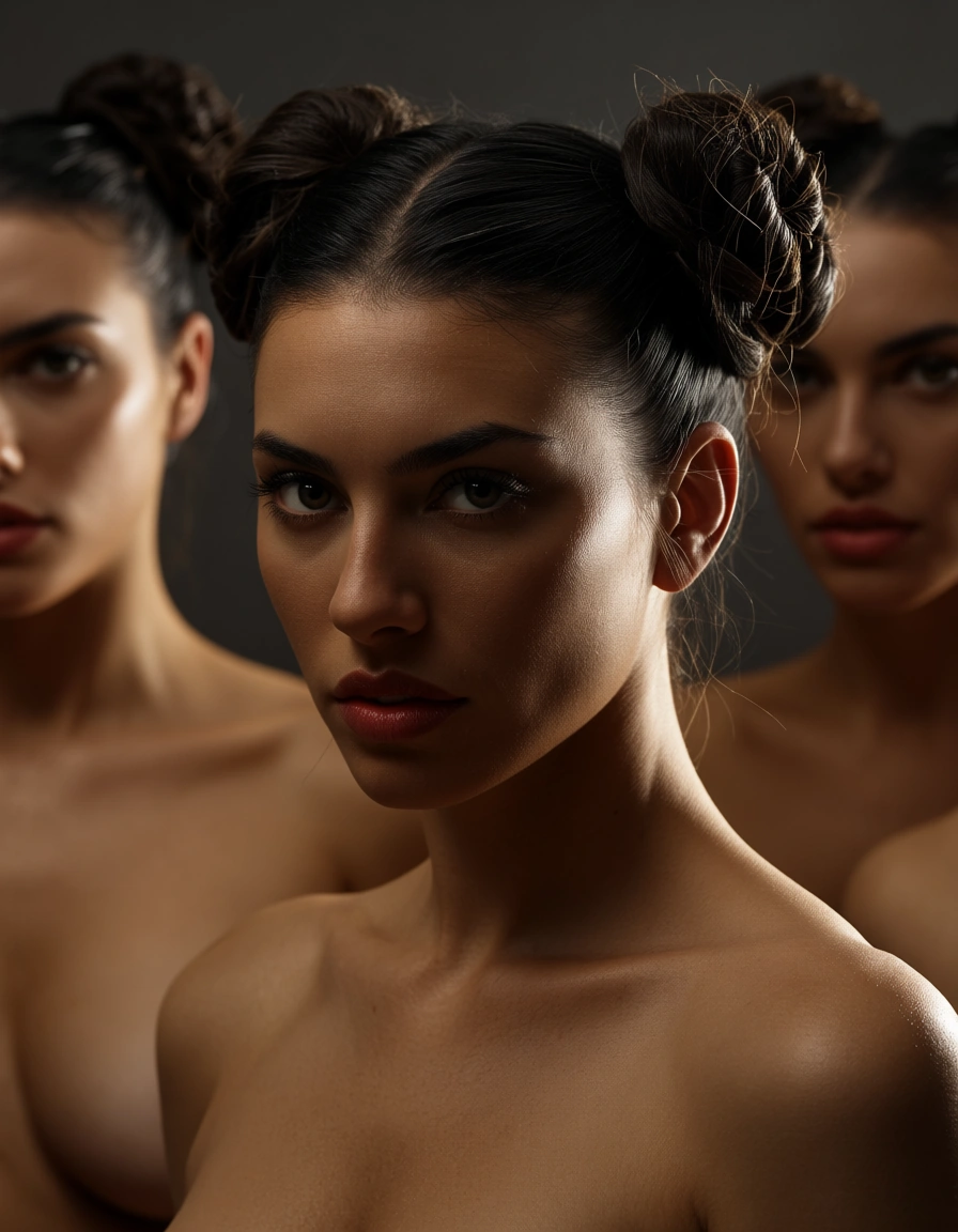 highly detailed, natural lighting, 5girls, double bun, weapon, facesitting, warm tones, studio photo, score_9, score_8, candid photo, realistic skin texture, visible skin pores, film grain, depth of field