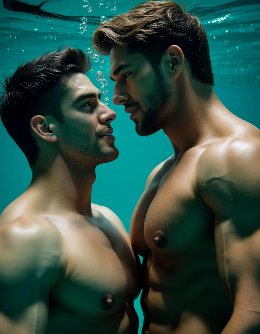 2boys, muscular, huge pecs, puffy nipples, short hair, facial hair, nude, yaoi, male/male, couple, convenient censoring, eye contact, height difference, parted lips, light smile,
underwater, air bubble, aqua theme, backlighting, warm lighting, orange theme,
dynamic angle, dramatic lighting, ((film grain, bloom, subsurface scattering)), very awa, masterpiece, best quality, detailed background, ultra-detailed, very aesthetic, (byefrog:0.7), (artist:crazy_kinoko:0.8), (artist:domo \(domo_kizusuki\):0.6), score_9, score_8, candid photo, realistic skin texture, visible skin pores, film grain, depth of field